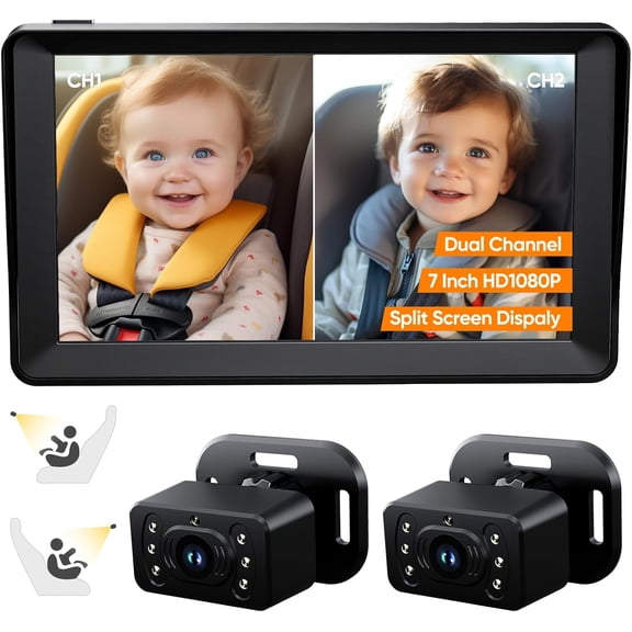 Baby Car Camera for 2 Kids - 7 Inch HD1080P Split Screen Baby Monitor with Dual Backseat Camera 150 Wide View & 360 Rotatable, Night Vision Easy Install, Rear-Facing Baby Car Mirror