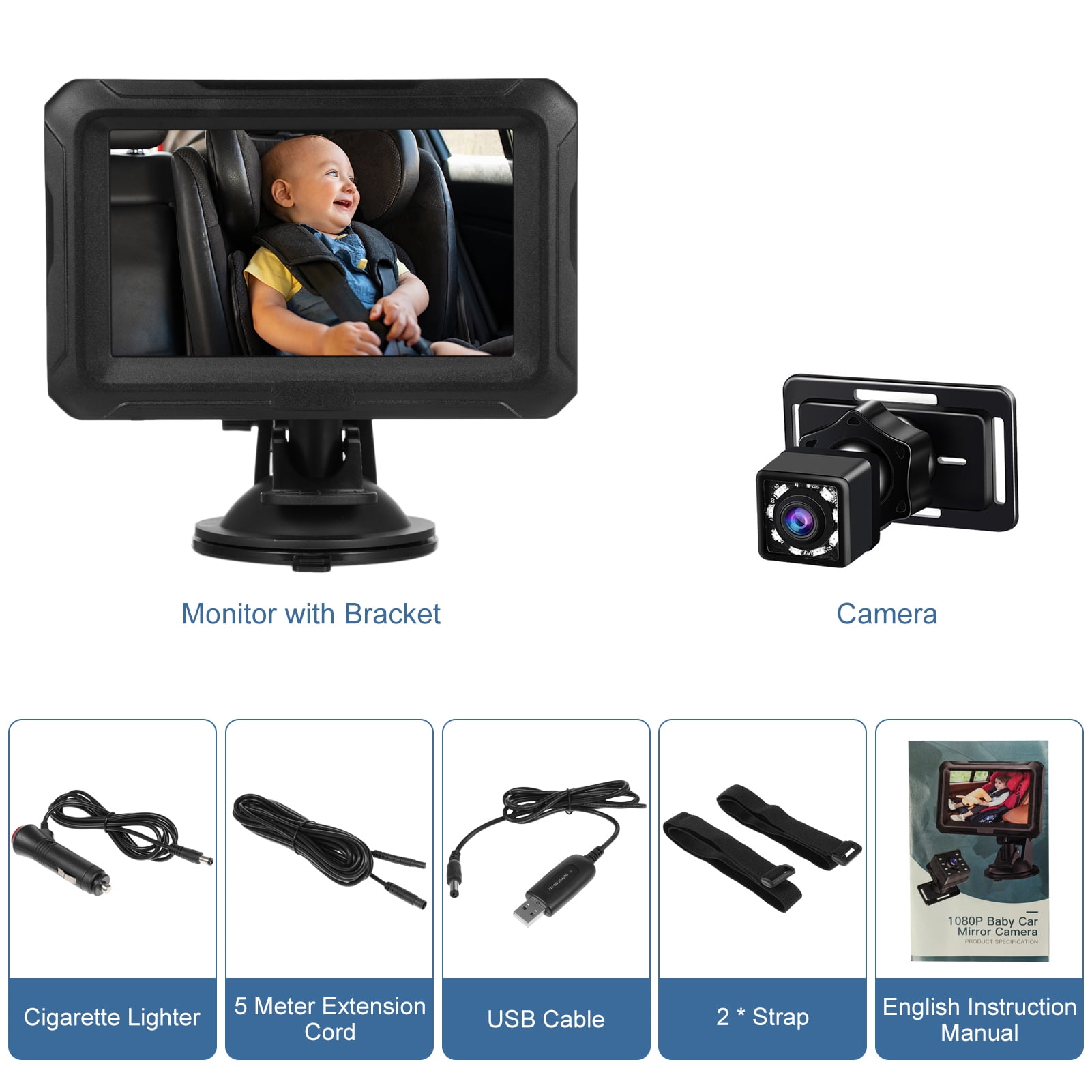 Baby Car Camera for Backseat 4.3 Inch 1080P Baby Car Mirror Camera, Large Screen HD Monitor with Night Vision and 150 Viewing Angle, for Infants Kids Pets in Back Seat Baby Camera for Car Back Seat