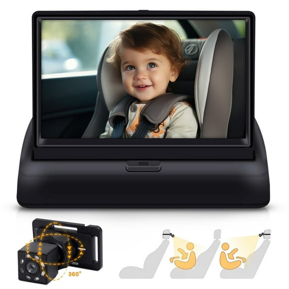 Baby Car Camera, HDJ 4.3'' HD Night Vision Function Car Mirror Display, 360 Adjustable Safety Car Seat Mirror Camera Monitored Mirror with Wide Clear View, Easily Observe Babys Move