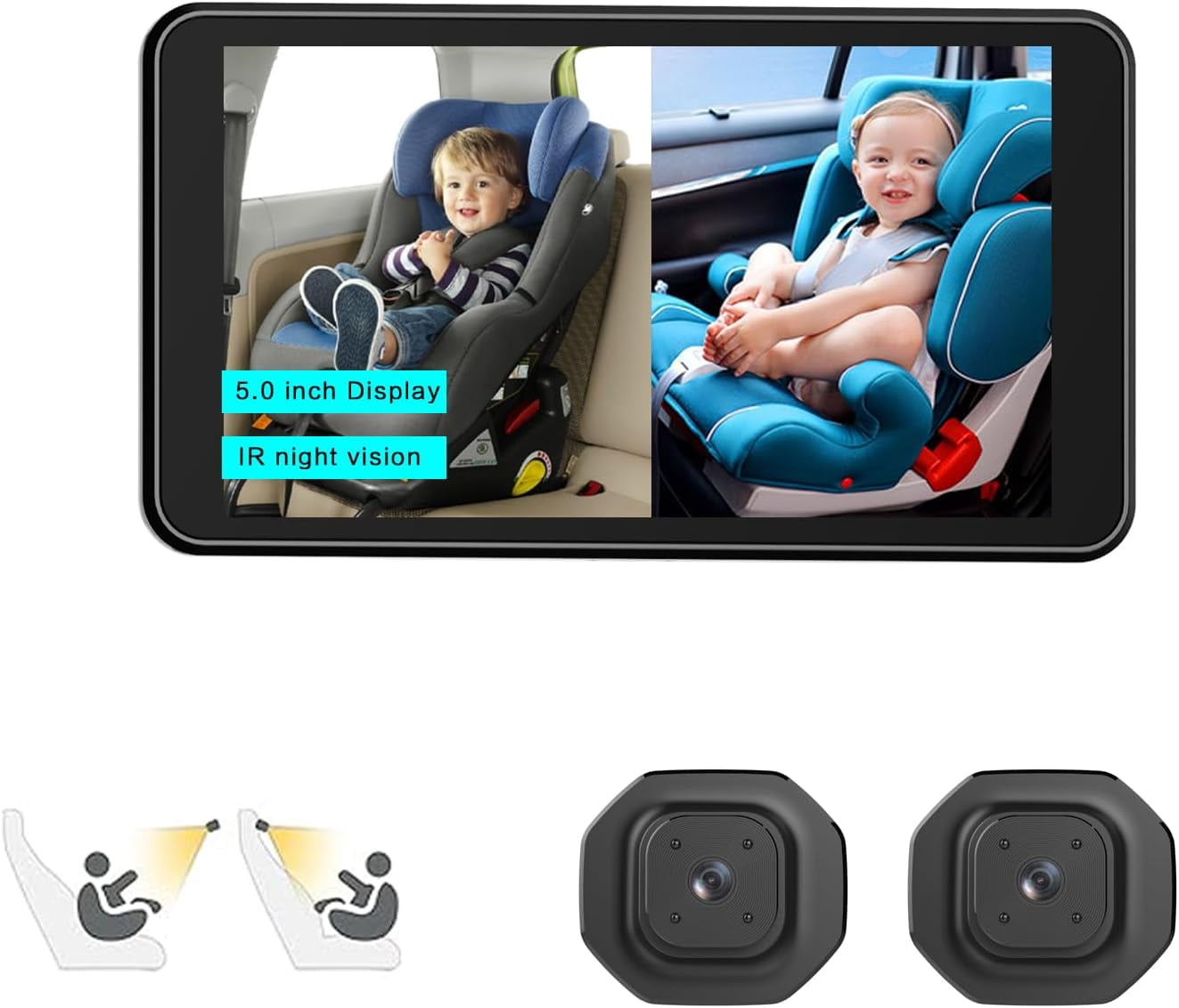 Baby Car Camera Monitor,5-Inch Display,Two Infrared Night Vision Cameras,360-Degree Adjustable,Split-Screen Display