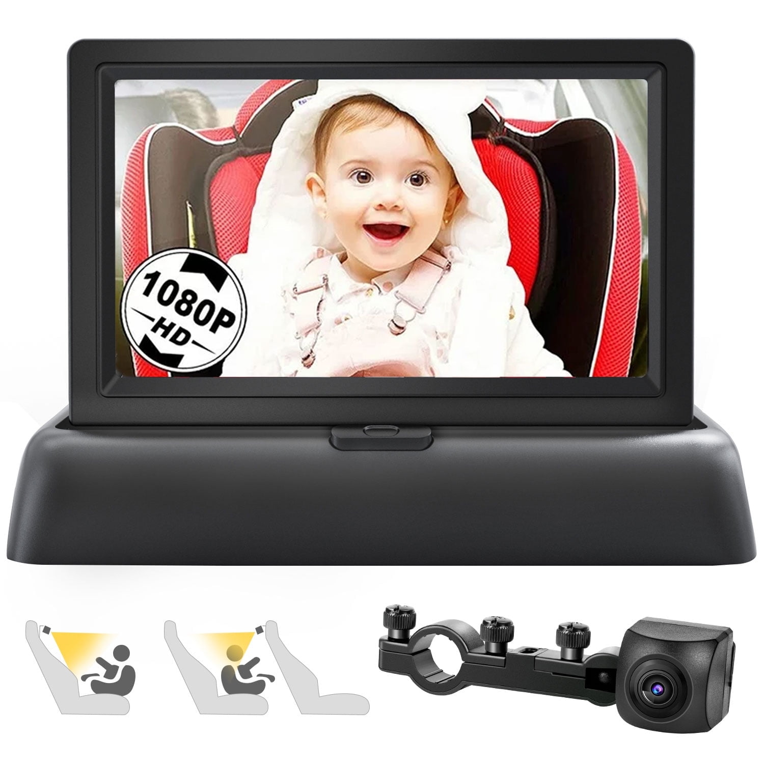 Baby Car Mirror, 4.3" HD Night Vision Function Car Mirror Display, Safety Car Seat Mirror Camera Monitored Mirror with Wide Crystal Clear View, Aimed at Baby, Easily Observe the Baby's Move