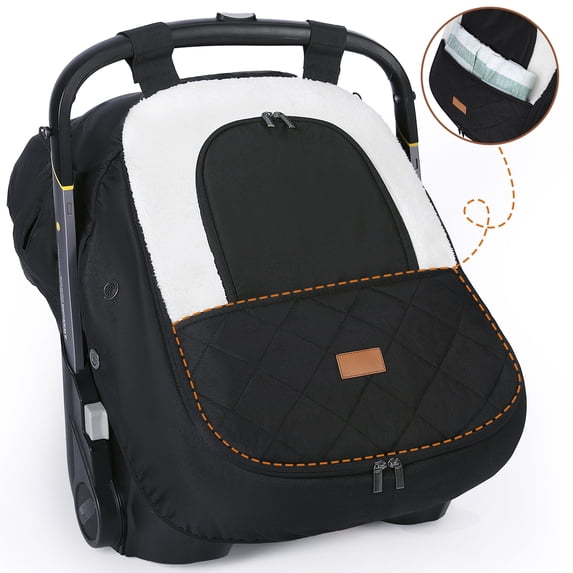Baby Car Seat Cover, Caveen Infant Car Seat Canopy for Winter, with Storage Pocket,Transparent Viewing Window and Air Vents, Waterproof, Black