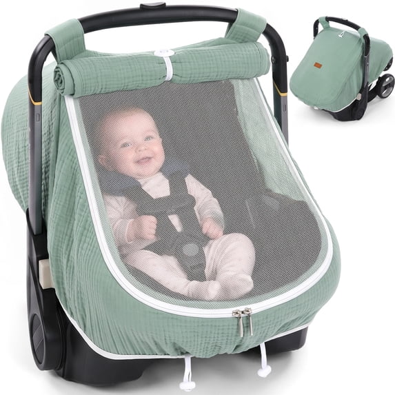 Baby Car Seat Cover, Caveen Muslin Infant Carseat Canopy, with Breathable Mesh Window, Universal Fit Most Car Seats, Green