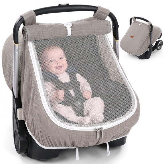 Baby Car Seat Cover, Caveen Muslin Infant Carseat Canopy, with Breathable Mesh Window, Universal Fit Most Car Seats, Grey