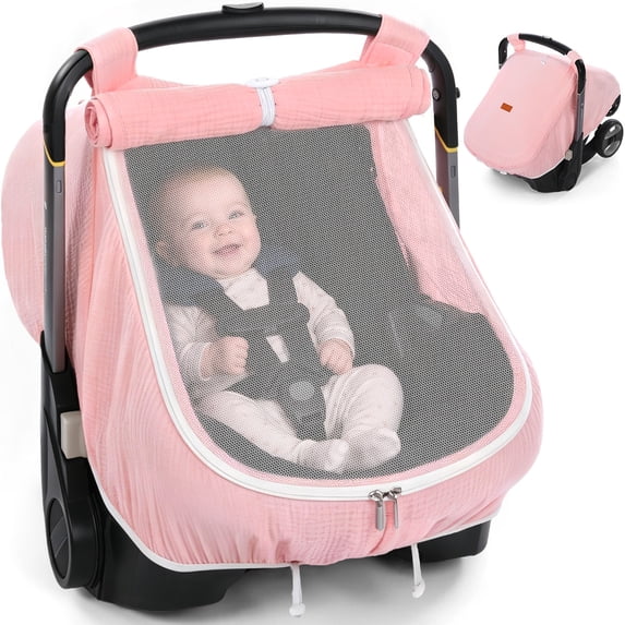Baby Car Seat Cover, Caveen Muslin Infant Carseat Canopy, with Breathable Mesh Window, Universal Fit Most Car Seats, Pink