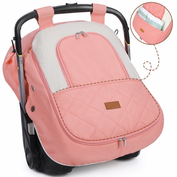 Baby Car Seat Cover, Caveen Infant Car Seat Canopy for Winter, with Storage Pocket,Transparent Viewing Window and Air Vents, Waterproof, Pink