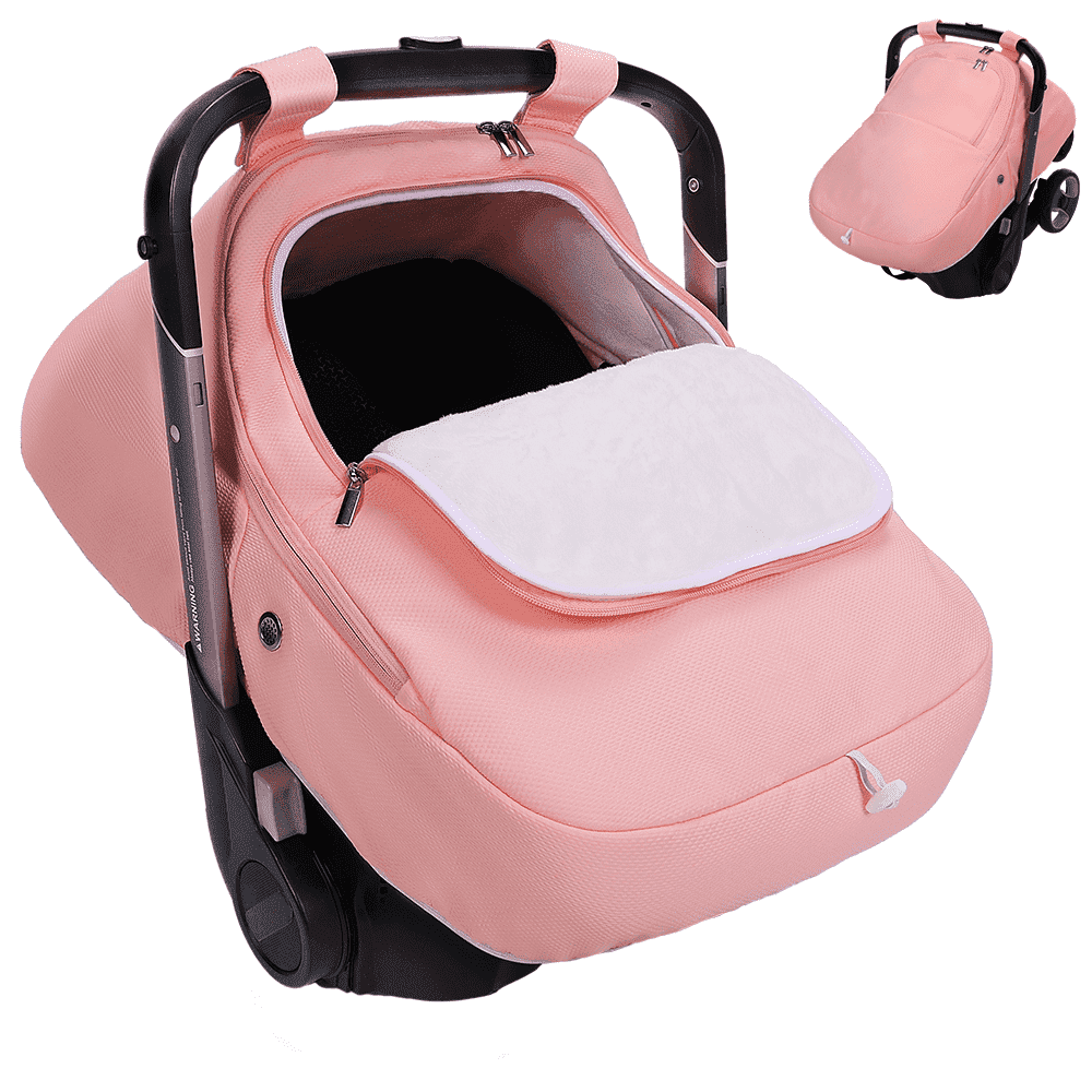 Baby Car Seat Cover, Caveen Cold Shield Carseat Canopy for Infant, with Zipper Peeping Window, Enlarge Space, Pink