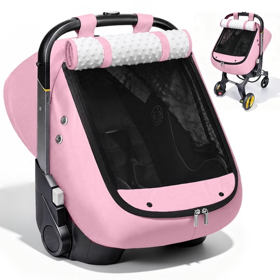 Baby Car Seat Cover, Caveen Infant Carseat Canopy, Warm Plush Minky Dots Shield Covers, with Breathable Mesh Window, Enlarge Space, Pink