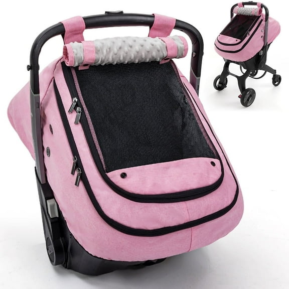 Baby Car Seat Cover, Caveen Infant Carseat Canopy, Warm Plush Minky Dots Shield Covers, with Breathable Mesh Window, Enlarge Space, Pink