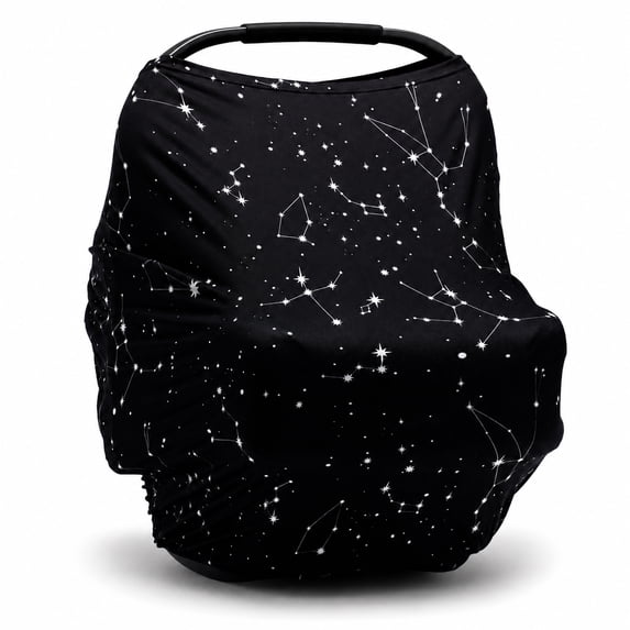 Baby Car Seat Cover & Nursing Cover, Stretchy 5-in-1 Breastfeeding Canopy with Carry Pouch, Black Constellation