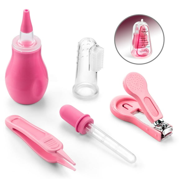 Baby Care Set – 5 Pcs Baby Essentials Set with Baby Fingernail Brush, Nose Aspirator, Nose Picker, Nail Clipper, Dropper – Baby Grooming Kit for Girls – Premium Silicone Baby Accessories (Pink)