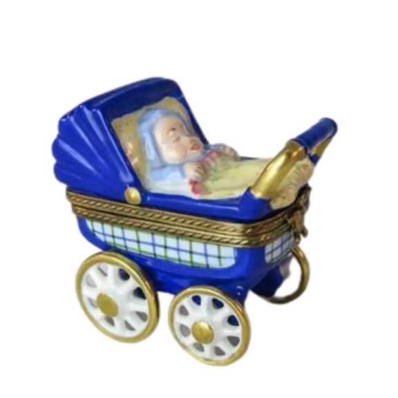 Baby Carriage Blue for New Parents Limoges Box Porcelain Figurine