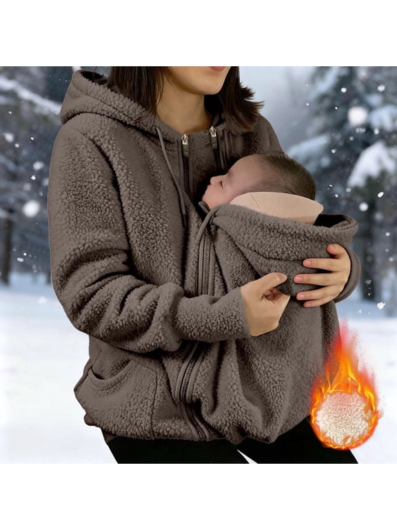 Baby Carrier Fleece Hoodie, Warm Sherpa Babywearing Sweatshirt with Integrated Front Pouch, Full Zip Hooded Jacket with Cozy Plush Lining, Maternity Hoodie for Fall Winter Walking and Daily Outings