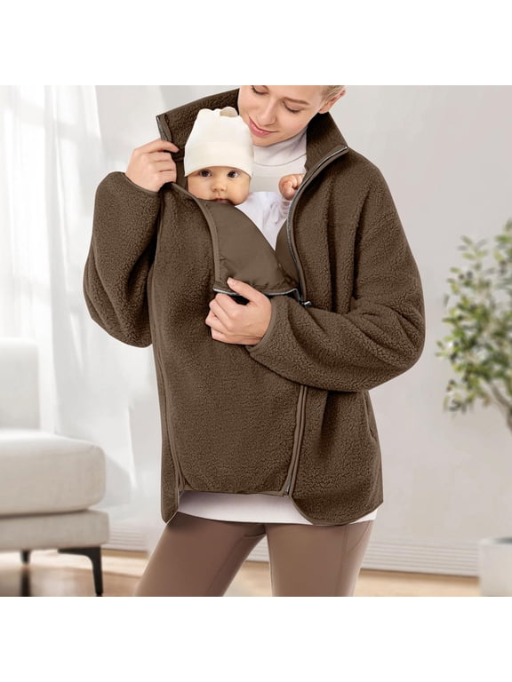 Baby Carrier Fleece Jacket, Warm Sherpa Zip Up Babywearing Coat with Integrated Front Carrier Pouch, High Collar and Full Zipper, Cozy Maternity Outerwear for Fall Winter Walking and Daily Outings