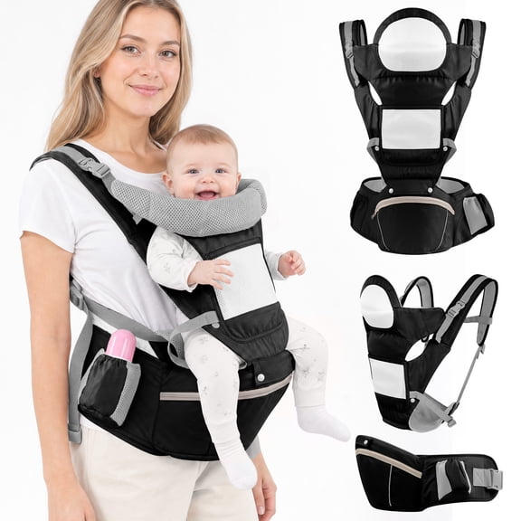 Baby Carrier with Hip Seat Ergonomic M Position 6-in-1 Baby Wraps Carrier Adjustable Holder Newborn to Toddler with Head Support and Breathable Mesh, Black