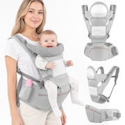 Baby Carrier with Hip Seat Ergonomic M Position 6-in-1 Baby Wraps Carrier Adjustable Holder Newborn to Toddler with Head Support and Breathable Mesh, Grey