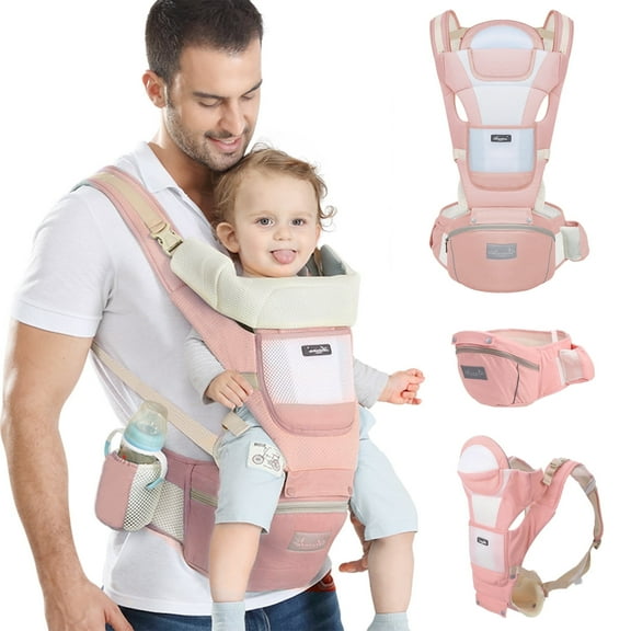 Baby Carrier with Hip Seat, 6 in 1 Adjustable Baby Holder Carrier Lumbar Support Ergonomic Toddler Carrier for Travel Hiking, Pink