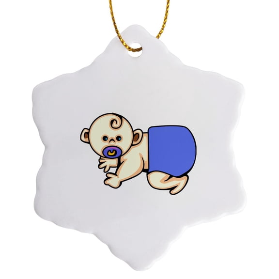 3drose, Baby Cartoon Looking Crawling Blue, 3 inch Snowflake Porcelain Ornament