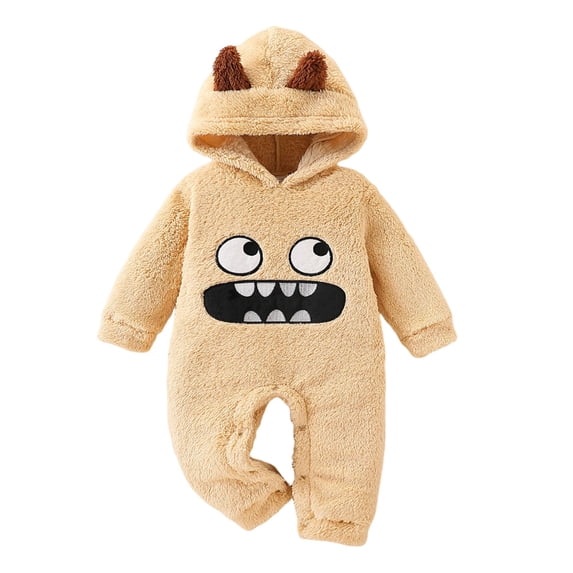 Baby Cartoon Plush Hooded Romper Fluffy Horn Hood Onesie Warm Jumpsuit for Toddler Home Loungewear Outdoor Daily Party Wear(Khaki,6-9 Months)
