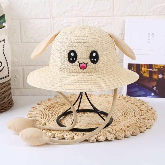 Baby Cartoon Moving Rabbit Ear Woven Sun Hat UPF 50 UV Protection Foldable Packable Wind Strap Sweet Pastel Color Lightweight Beach Play Bucket Hat for Kids 1 To 5 Years Old G 54