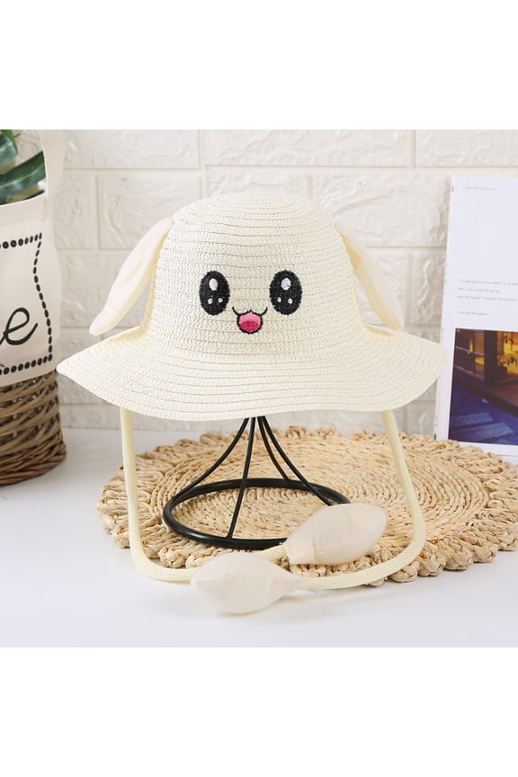 Baby Cartoon Moving Rabbit Ear Woven Sun Hat UPF 50 UV Protection Foldable Packable Wind Strap Sweet Pastel Color Lightweight Beach Play Bucket Hat for Kids 1 To 5 Years Old B 54