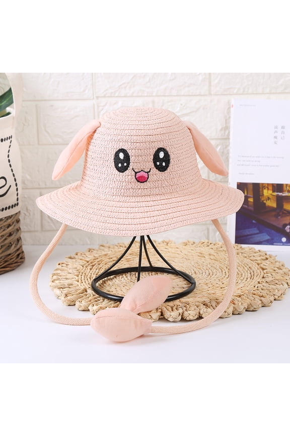 Baby Cartoon Moving Rabbit Ear Woven Sun Hat UPF 50 UV Protection Foldable Packable Wind Strap Sweet Pastel Color Lightweight Beach Play Bucket Hat for Kids 1 To 5 Years Old H 54