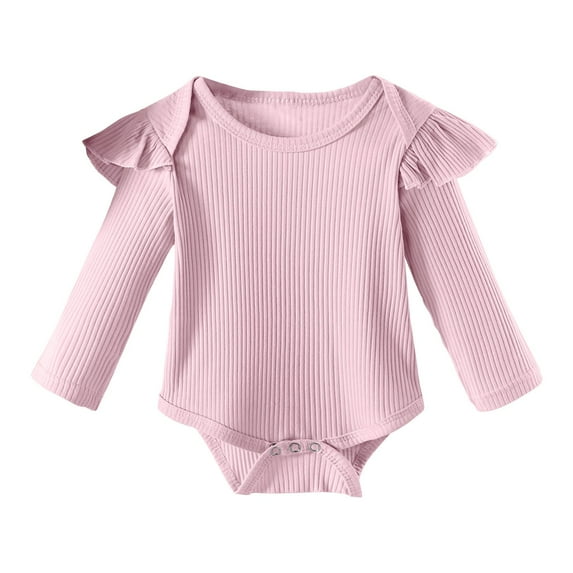 Baby Casual Bodysuits Flutter Long Sleeve Cotton Onesies Unisex Solid Color Lightweight Ribbed Rompers, Pink, 0 Months