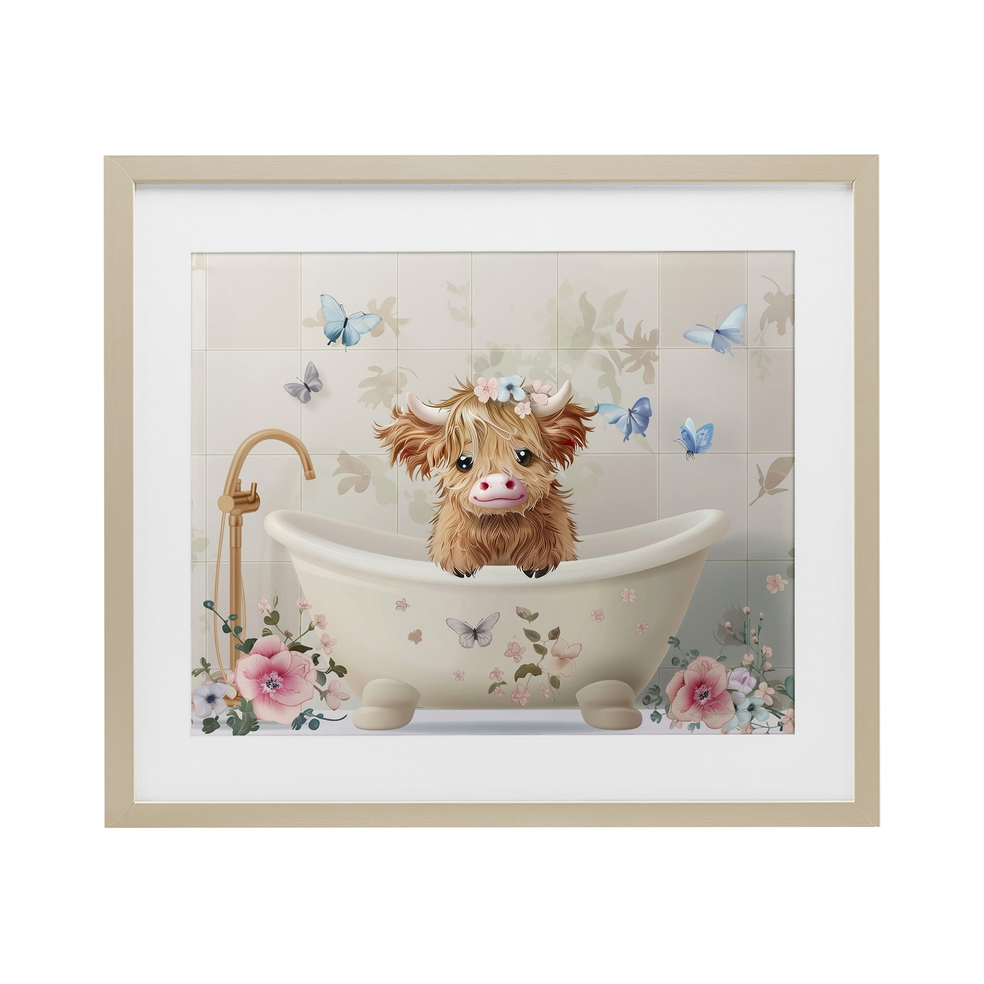 Baby Cattle in Floral Tub Birch Framed Print Under Glass, design by Shawna Stewart