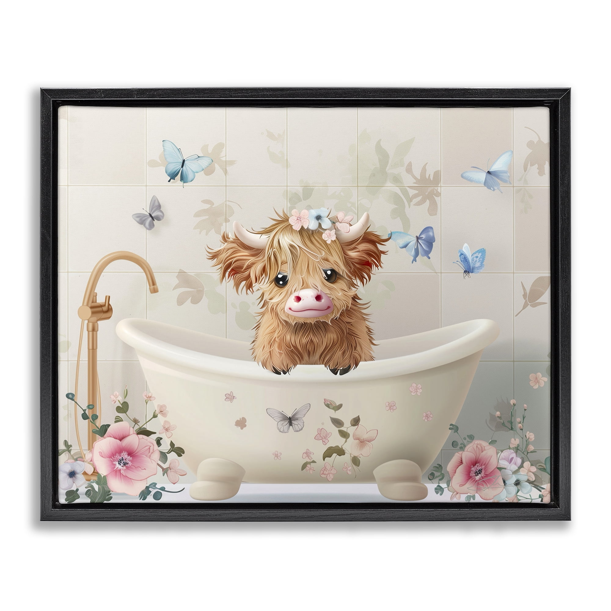 Baby Cattle in Floral Tub Black Framed Floater Canvas Wall Art, design by Shawna Stewart