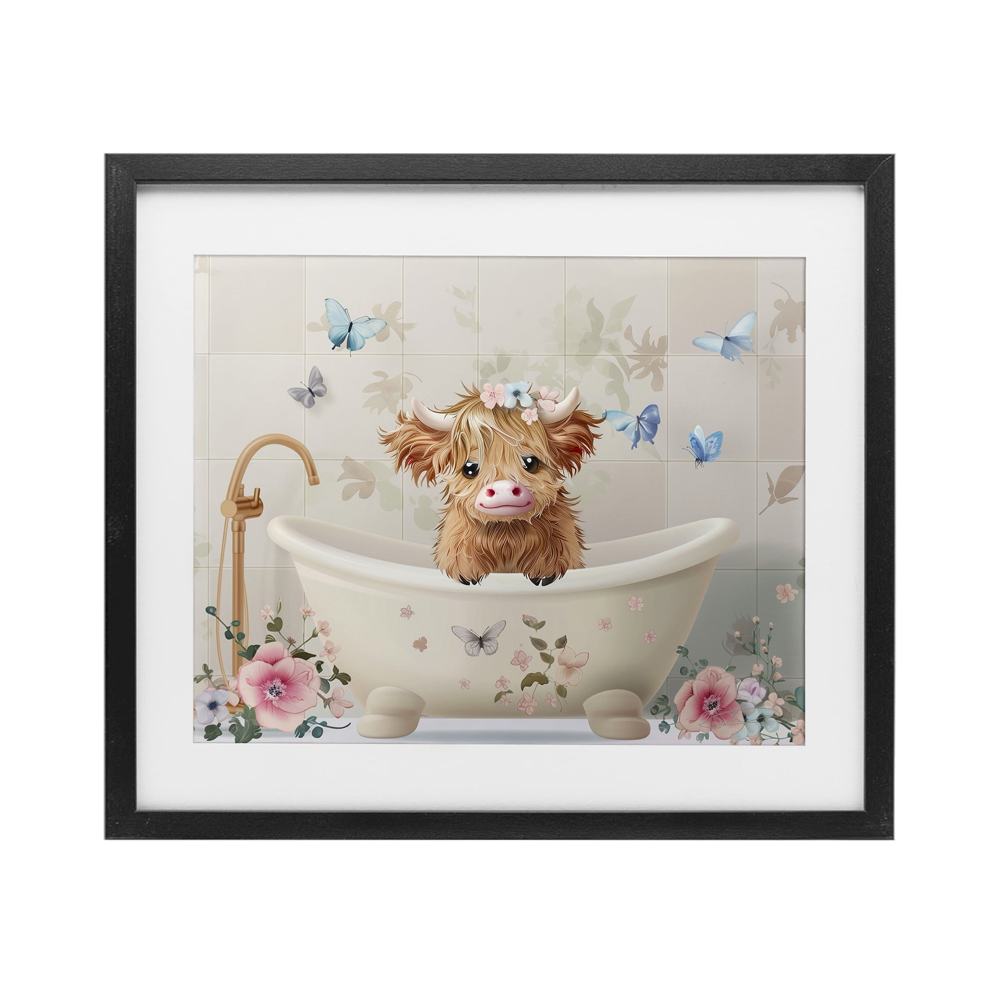 Baby Cattle in Floral Tub Black Framed Print Under Glass, design by Shawna Stewart