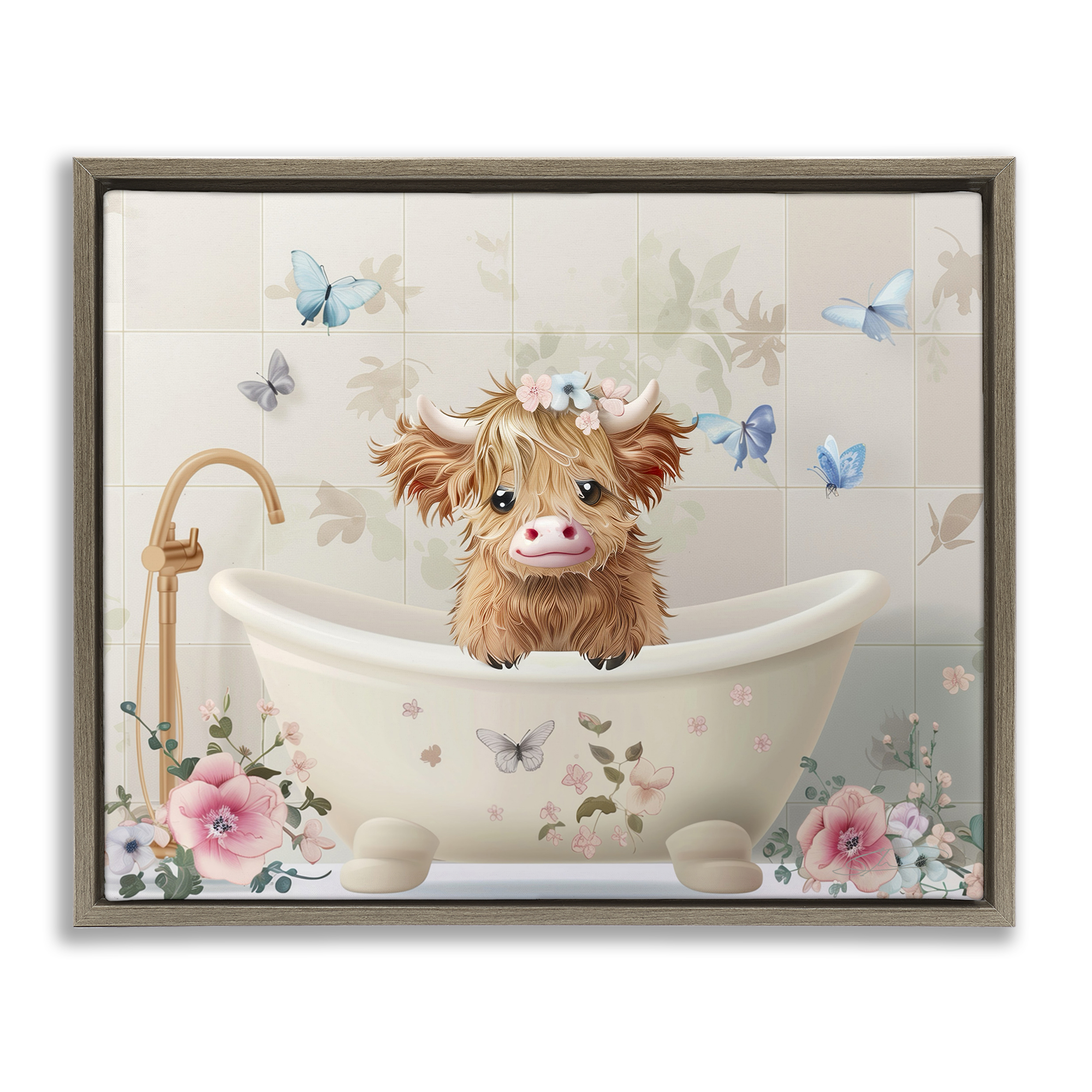 Baby Cattle in Floral Tub Brown Framed Floater Canvas Wall Art, design by Shawna Stewart