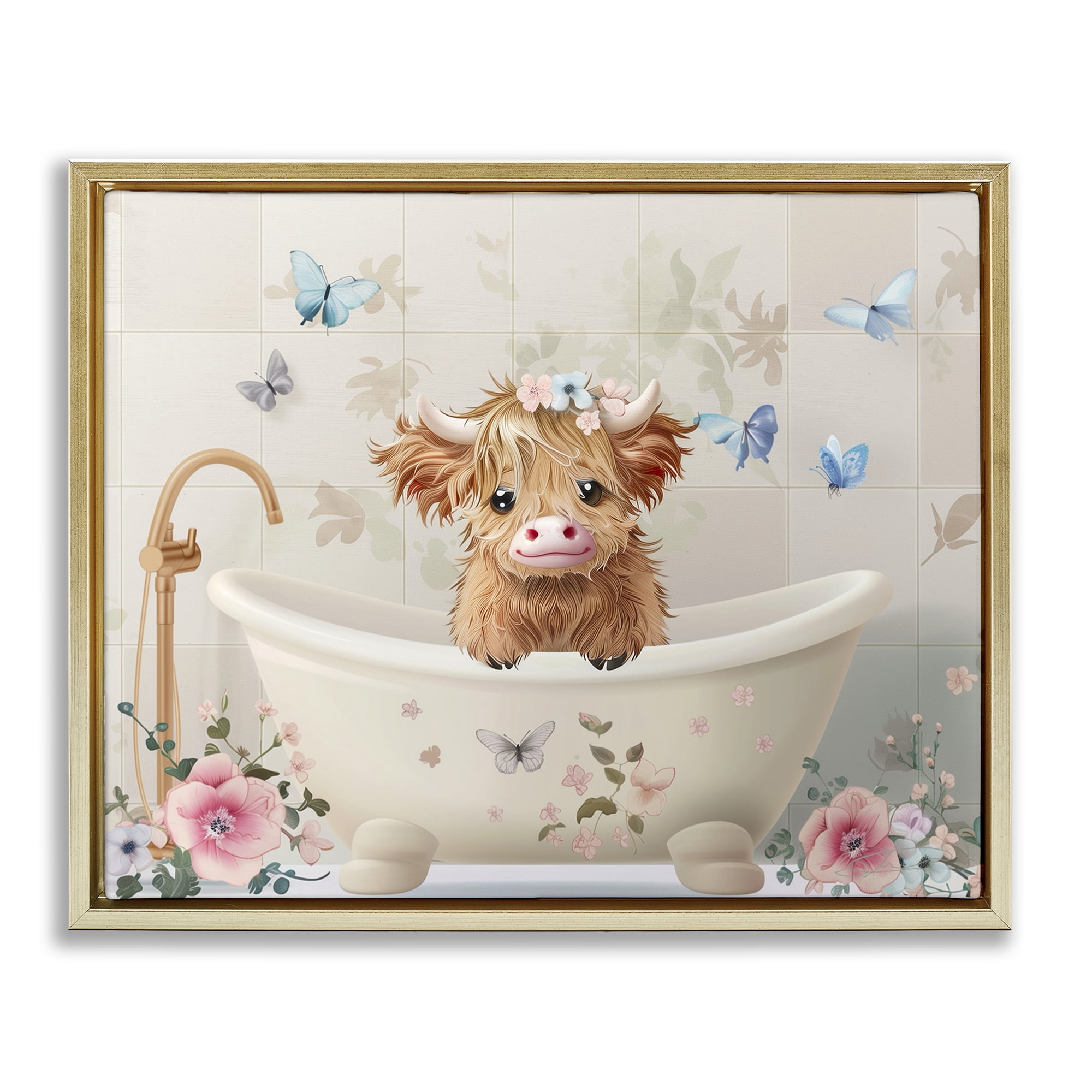 Baby Cattle in Floral Tub Gold Framed Floater Canvas Wall Art, design by Shawna Stewart