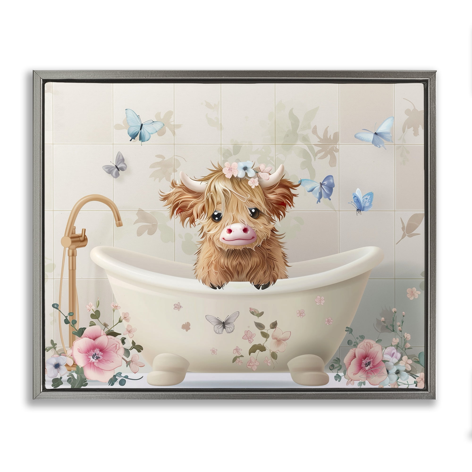 Baby Cattle in Floral Tub Gray Framed Floater Canvas Wall Art, design by Shawna Stewart