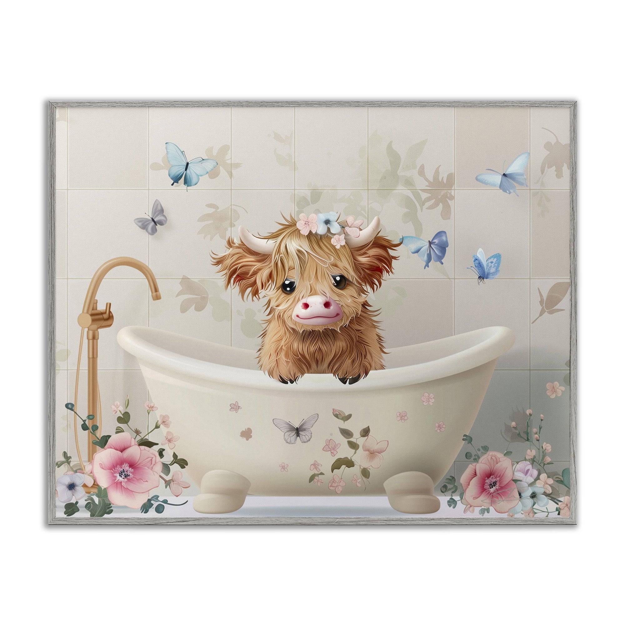 Baby Cattle in Floral Tub Gray Framed Giclee Art, design by Shawna Stewart