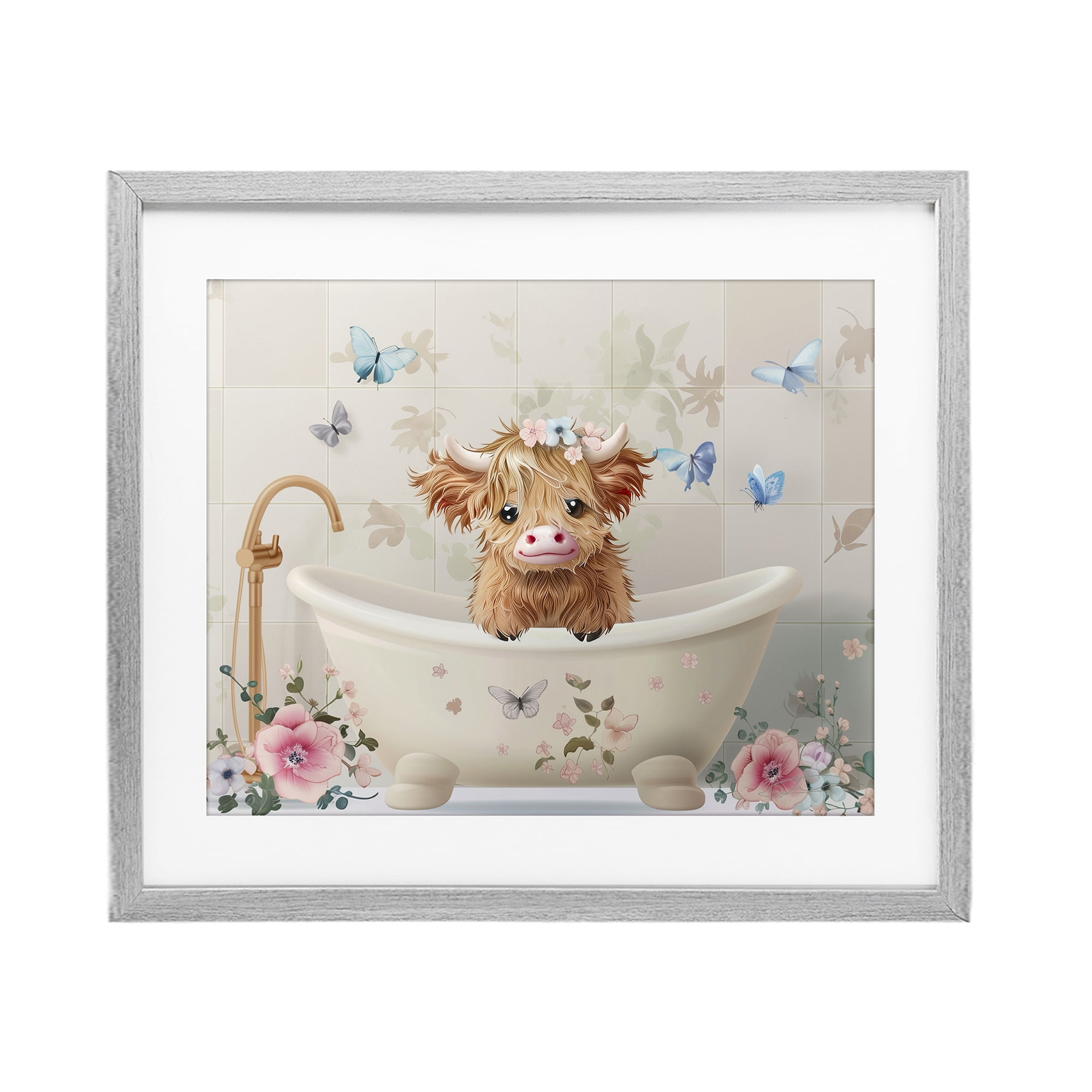 Baby Cattle in Floral Tub Gray Framed Print Under Glass, design by Shawna Stewart