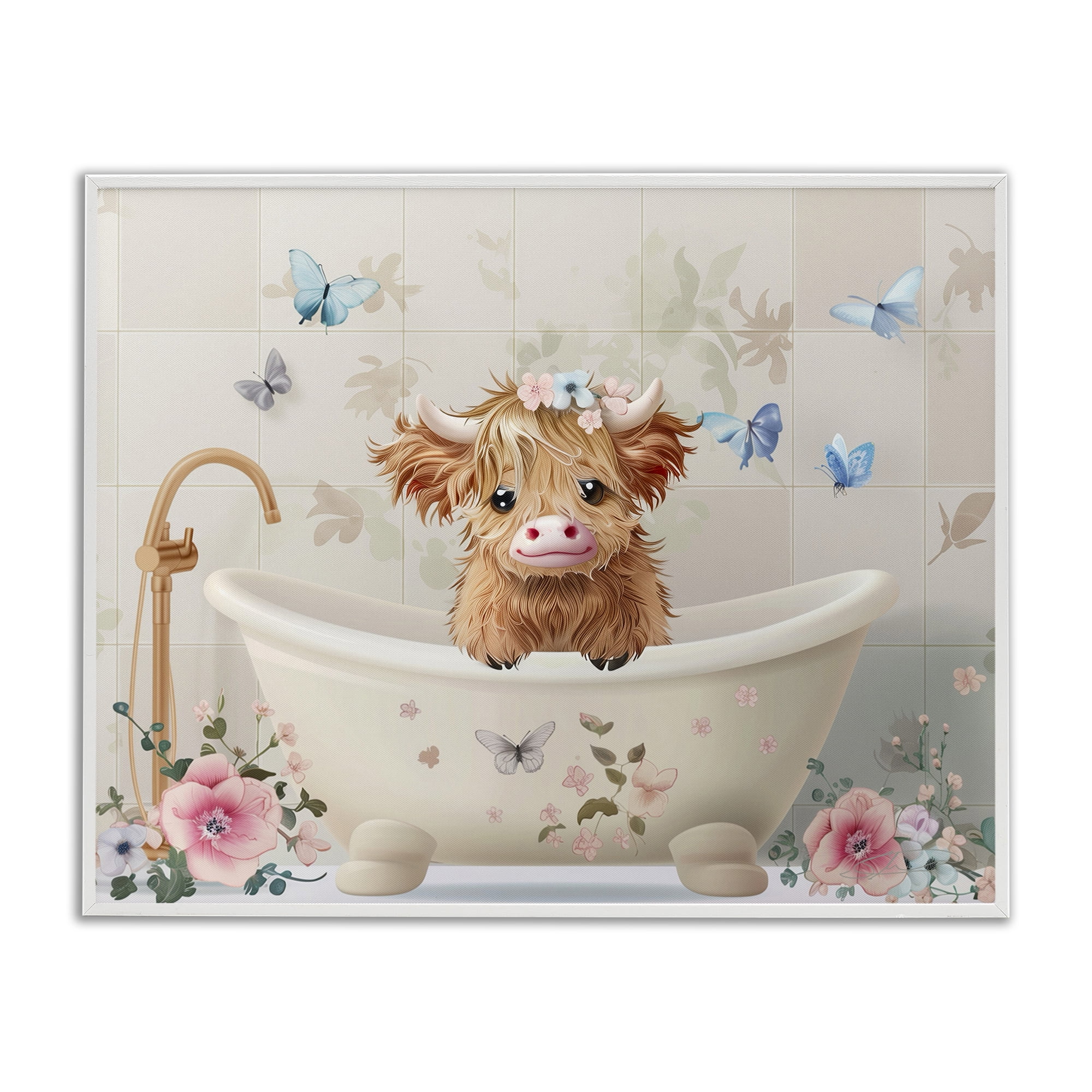 Baby Cattle in Floral Tub White Framed Giclee Art, design by Shawna Stewart