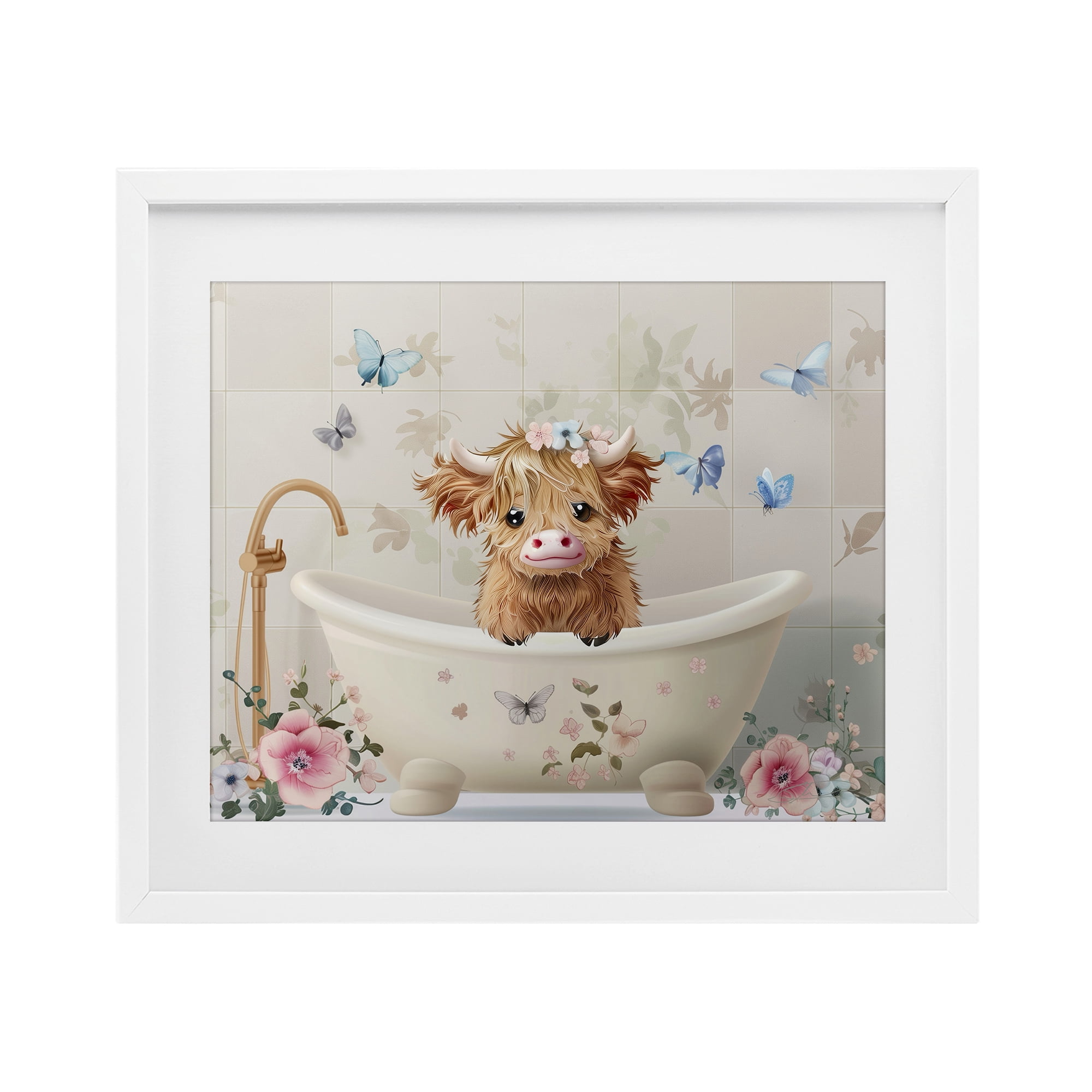 Baby Cattle in Floral Tub White Framed Print Under Glass, design by Shawna Stewart