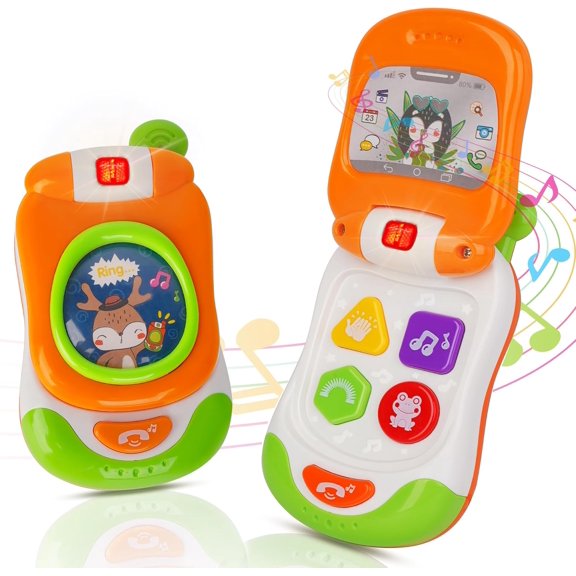 Baby Cell Phone Toy with musicial and Light, Flip Phone Educational Toddler Toys (Orange)