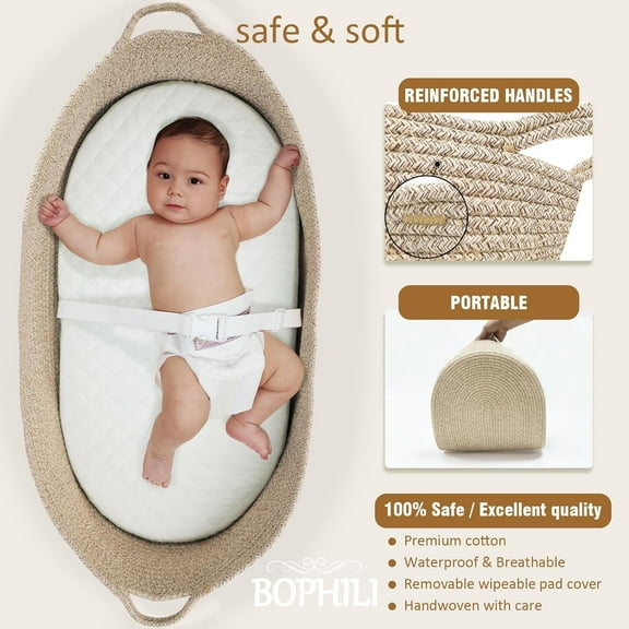 Baby Changing Basket Foldable Baby Changing Pad and Waterpoof Cover, Premium Handmade Cotton Rope Reinforced Moses Baskets Changing Table Topper, Built-in Security Strap (Warm Brown)
