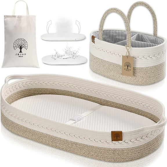 Baby Changing Basket Includes Diaper Caddy - Breathable & Waterproof Dual-Cover, Portable, Changing Pad for Dresser & Changing Table, Gift for Baby Shower, Cotton Rope Basket for Baby