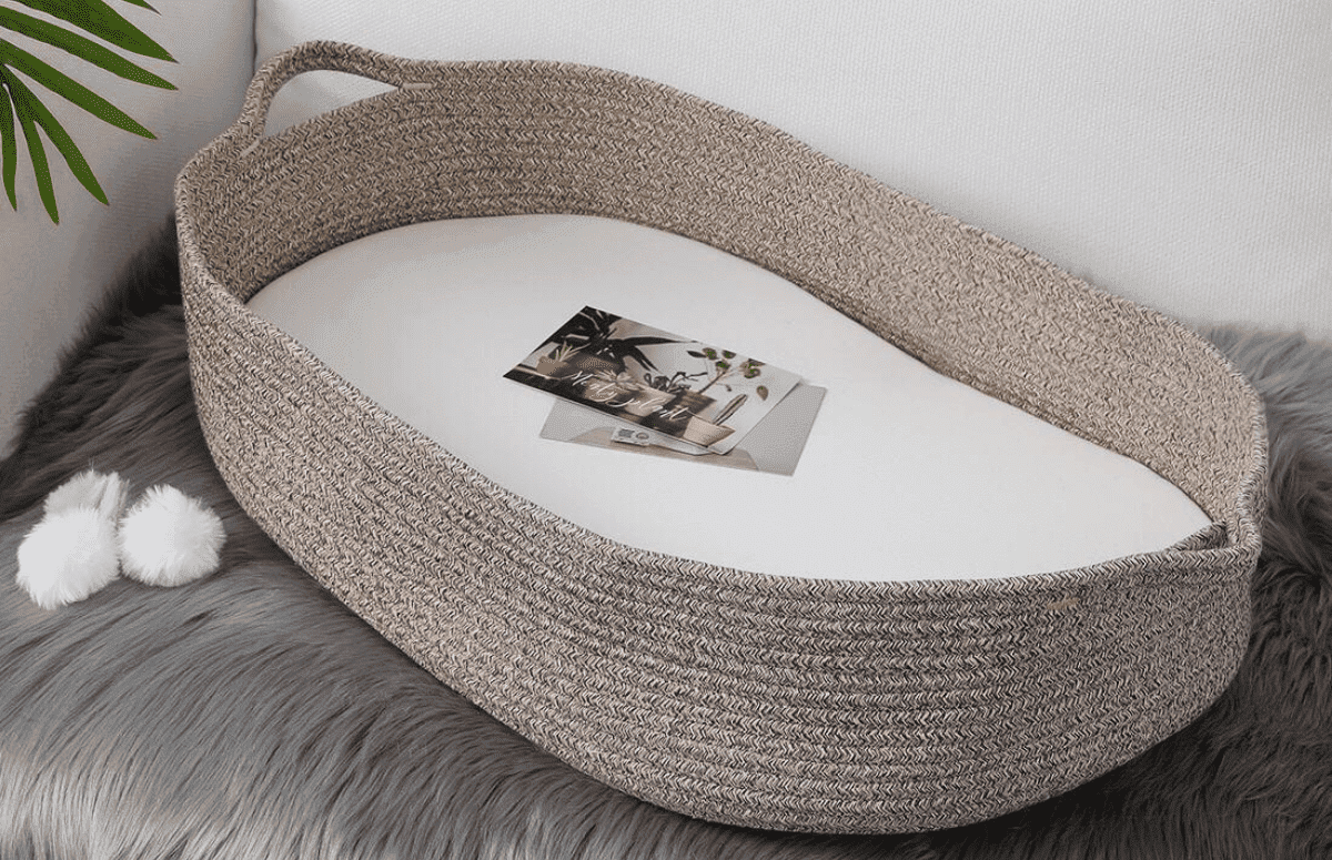 Baby Changing Basket - Moses Basket Changing Table Topper and Thick Foam Pad with Removable Cotton Mattress Cover, 100% Cotton Boho Nursery Decor in Coffee Color with Storage Bag