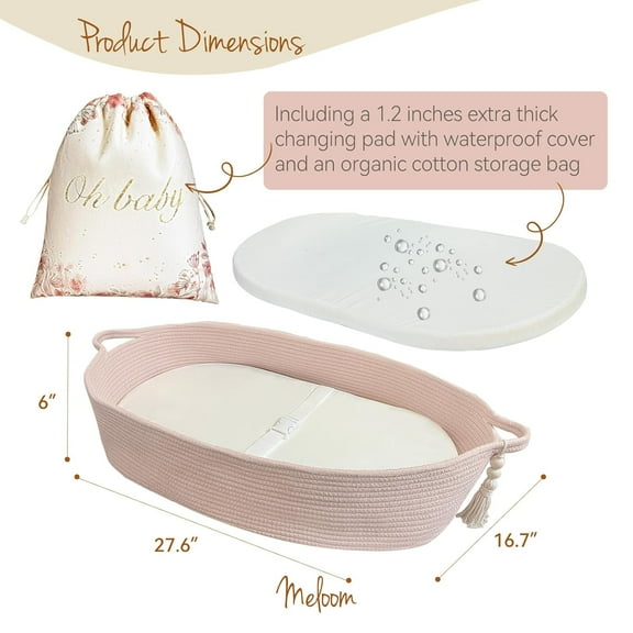 Baby Changing Basket with Pads and Safety Belt- Cotton Boho Baby Moses Basket Changing Table and Thick Pad with Waterproof Mattress Cover, Nursery Decor in Pink Color with Storage Bag