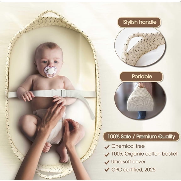 Baby Changing Basket - Soft & Waterproof Dual-Cover, Portable, Moses Basket, Changing Pad for Dresser & Changing Table, Gift for Baby Shower, Organic Cotton Rope