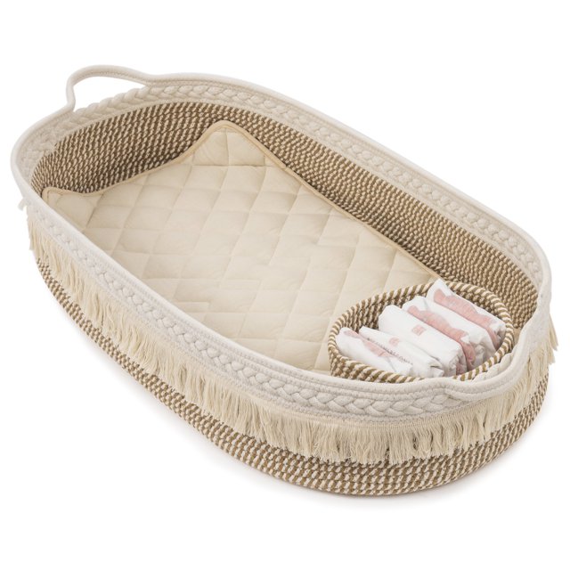 Baby Changing Basket, Woven Cotton Rope Moses Basket with Tufted
