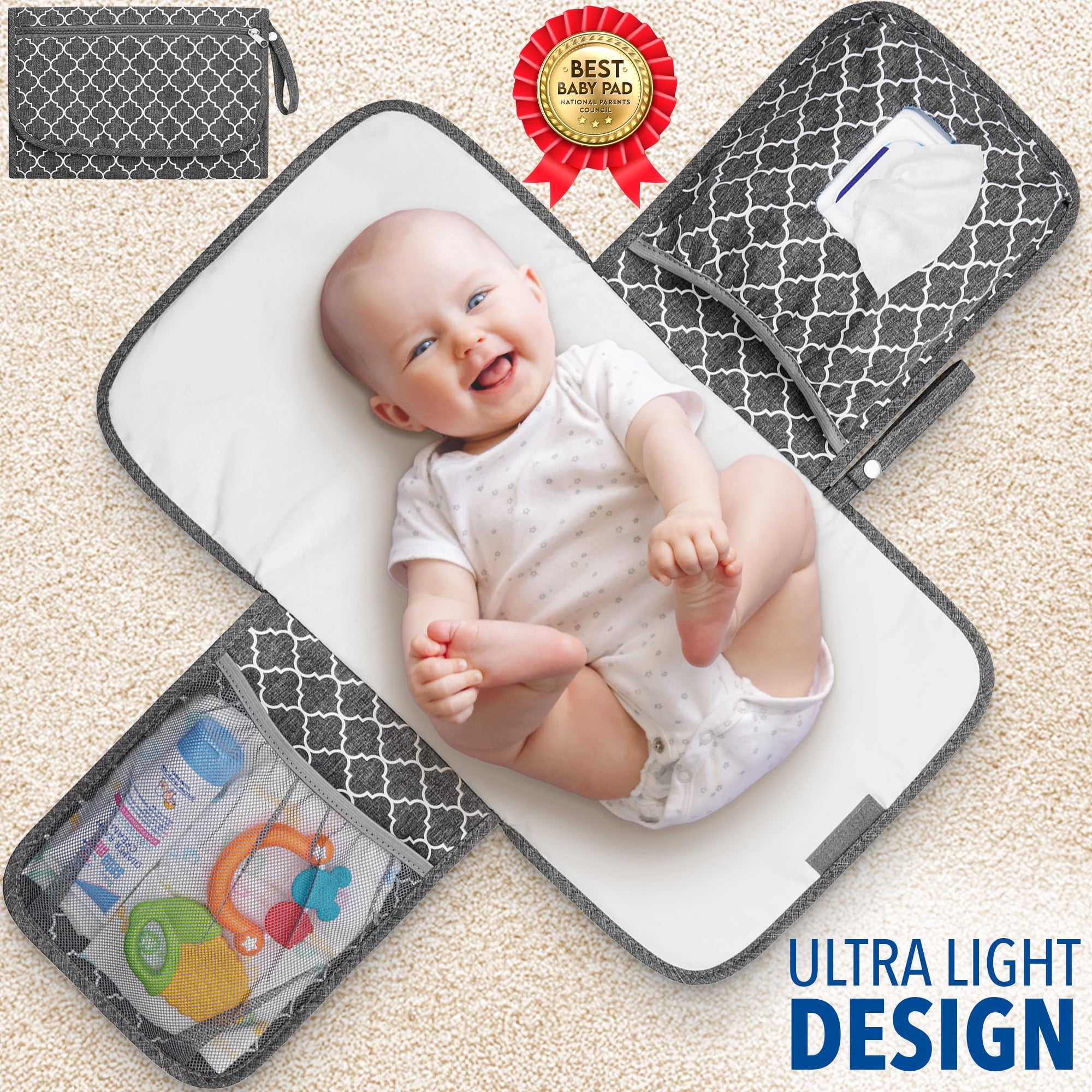 Baby Changing Pad (Gray), Portable Waterproof Diaper Mat W