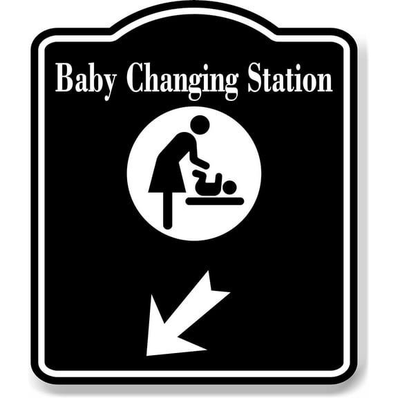 Baby Changing Station 45 Degee Down Left Arrow BLACK Aluminum Composite Sign, 8.5"x10"
