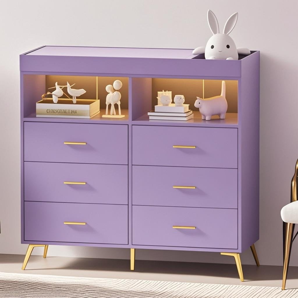 Baby Changing Table Dresser with 6 Drawers, Baby Nursery Dresser, LED Lights & Charging Station – Multifunctional Nursery Dresser with Removable Changing Top, Anti-Tip Design
