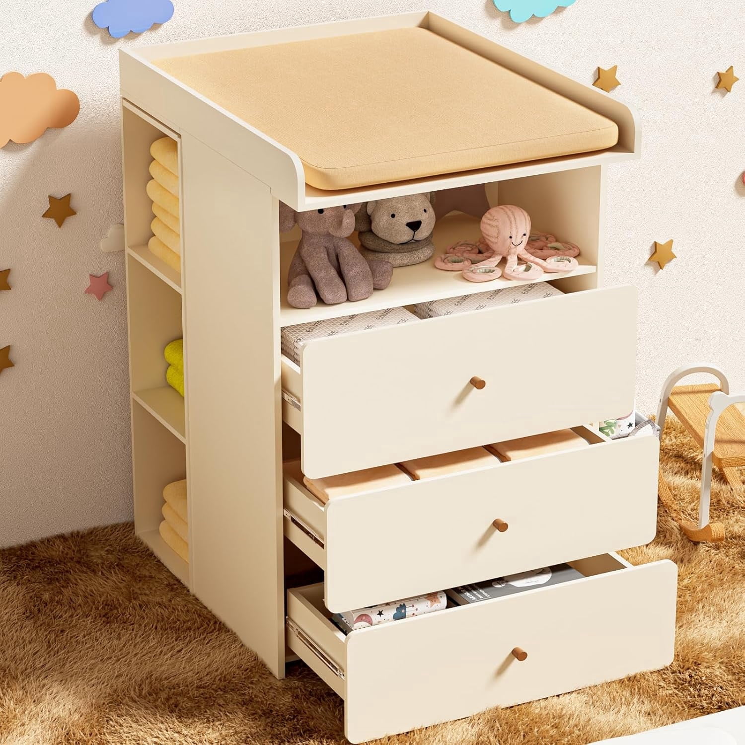 Baby Changing Table Dresser with Removable Nappy Tray, Lattice Cabinets - Cuoote 6 Drawer Nursery Dresser, Diaper Changing Station for Nursery, Living Room (Nude Pink)
