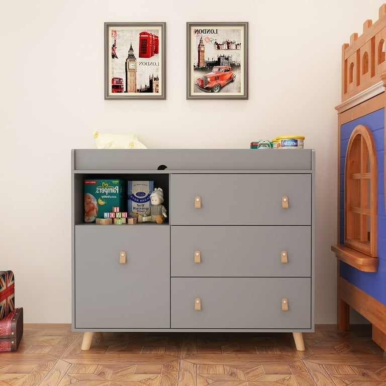 Baby Changing Table Dresser with 4 Drawers Shelf Hidden Trash