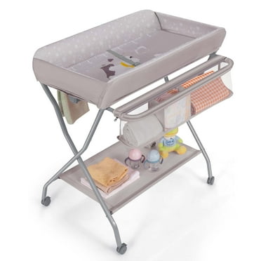 Baby Changing Table Folding Diaper Changing Station with Safety Belt & Wheels Oxford Cloth 0-18 Months Grey